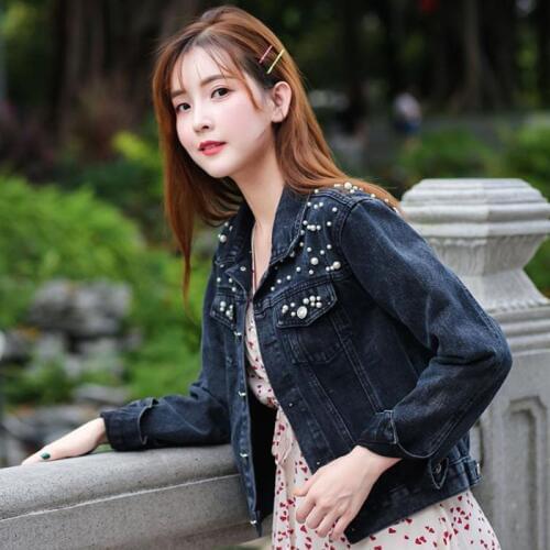 Sent within 12h Bombers Jacket Women Autumn Coat Jean Fashion Pearl Beaded Denim Coat Short Woman S-5XL Long Sleeve Jeans Jacket