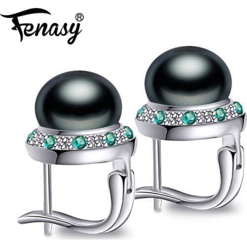 FENASY Trendy S925 Sterling Silver Freshwater Pearl Cilp Earrings Cubic Zirconia CZ Earrings For Women Party With Gift Box