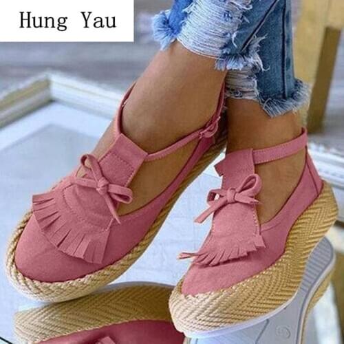 Women Flat Casual Shoes Fashion Fringe Butterfly-knot Hemp Platform Buckle Strap Summer Autumn Female Plus Size 35-43