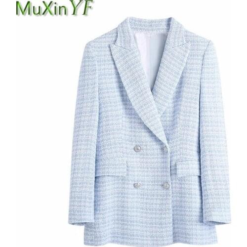 Womens Graceful Blue Plaid Suit Coats 2021 Spring Autumn New Office Lady Work Joker Cardigan Fashion Elegant Button Pocket Tops