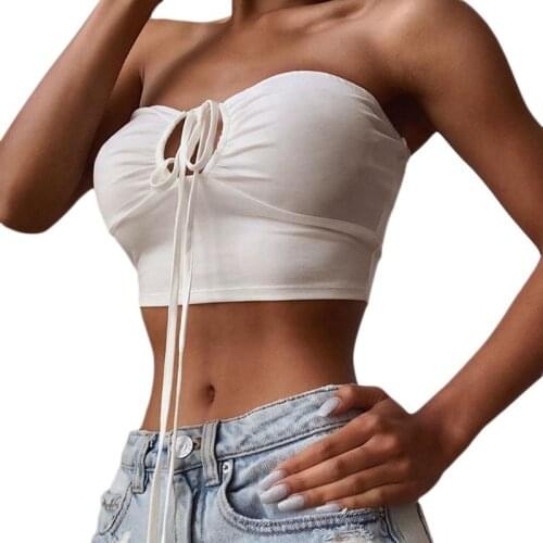 Y166 Women Sleeveless Off Shoulder Tube Top Halter Crisscross Lace-Up Solid Color Camis Vest Hollow Out Ruched Streetwear
