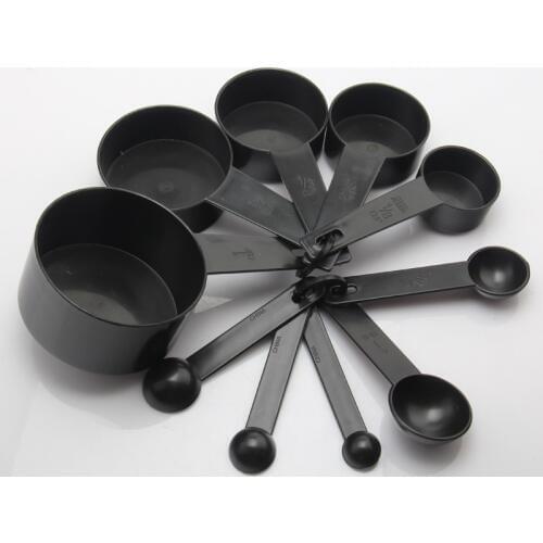 10pcs / Set Silicone Handle Kitchen Measuring Tool Home Black Color Measuring Spoons Cups Cuisine Accessories Bakery Gadget