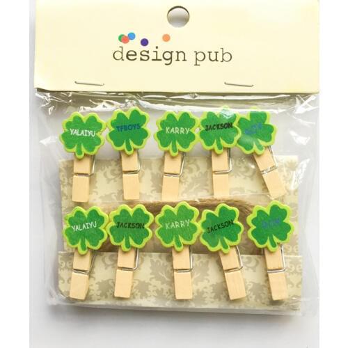 10 pcs /Pack Lucky Four-leaf Clover Wooden Paper Clip Bookmark For Album With Rope Message Stickers Stationery