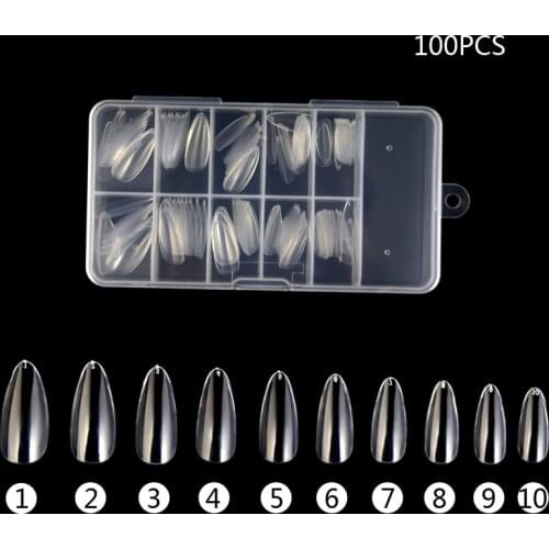 100pcs/box Full Cover Fake Nail Artificial Press on Long Almond Clear False Coffin Nails Art Tips Manicure Tool