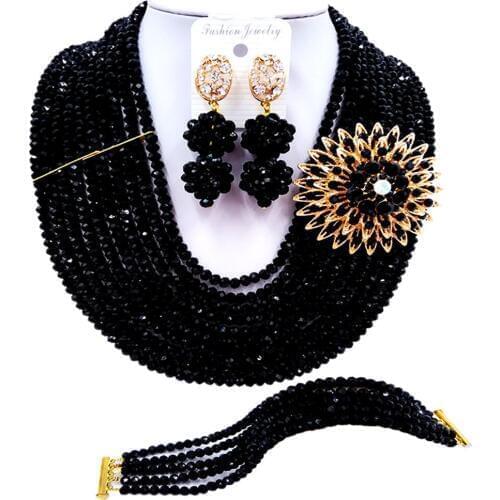 ACZUV Classic Black Nigerian Wedding African Beads Jewelry Set Crystal Necklace and Earrings 10C-DS016