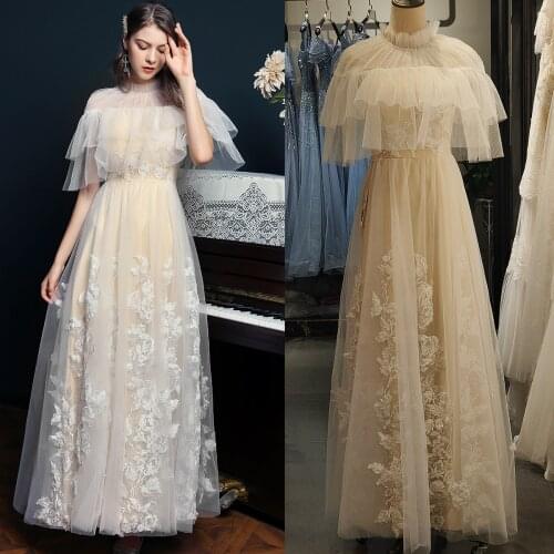 Appliqued Tulle Wedding Bridal Dress A Line Elegant 2021 New High Neck Pearls Vintage Bride Gown Plus Size Vestido De Noiva 2050