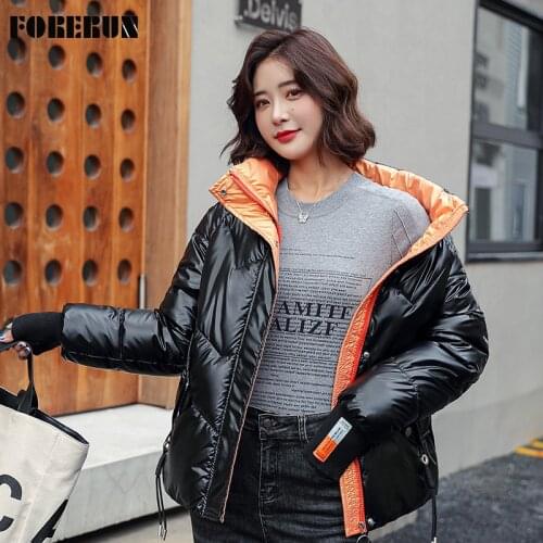 FORERUN Glossy Women Winter Jacket Letter Patchwork Stand Collar Oversized Bubble Coat Cotton Padding Warm Kawaii Coat