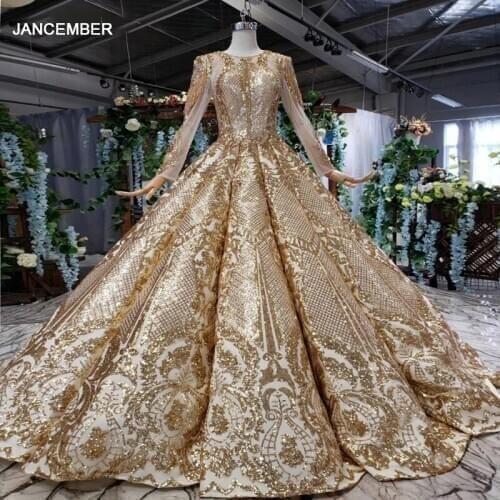 HTL527 Luxury Evening Dress 2021 Floor Length Crystal Beading O-Neck Long Sleeve Shiny Golden For Muslim