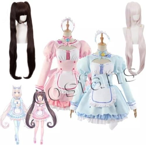 Game NEKOPARA Vol.4 Chocola Vanilla Maid Dress Cosplay Costume Chocola Vanilla Cute Maid Blue Pink Dress Cat Neko Sexy Women