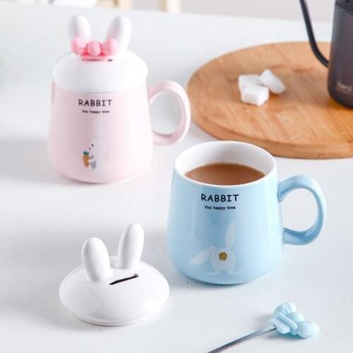 Kawaii 3D Cartoon Rabbit Ceramic Coffee Mug with Lid and Bow Spoon Porcelain Drinking Cup Coffee Milk Tea Cup