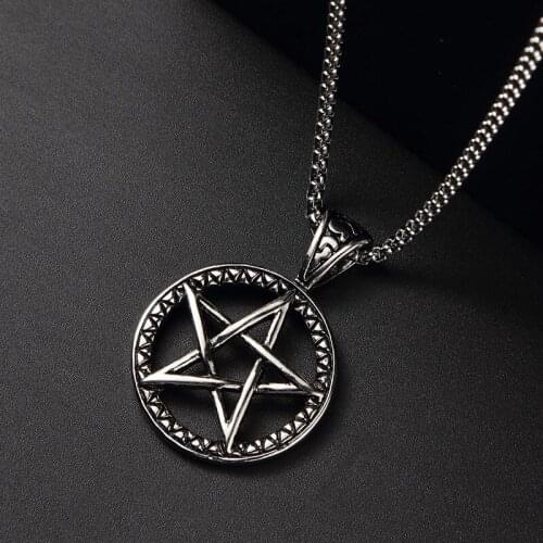 For Men Boy Gift Fashion Jewelry With Stainless Steel Chain Punk Hollow Round Pentagram Moon Star Pendant Necklace