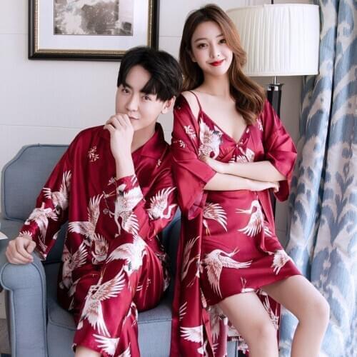 Couple Snight Pijamas Imitation Silk Pajama Set Long Sleeve Autumn Men Sleepwear Sleep Tops Nightwear Womens Robe Sets Dress