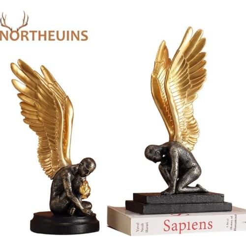 NORTHEUINS Resin Creative Wings Angel Statuette Retro Artistic Figurines For Interior Home Decoration Accessories Gift Ornaments