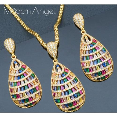 ModemAngel Luxury Water Cubic Zirconia Women Engagement Wedding Bridal Dubai High End Jewelry Set Necklace Earring Jewelry Set