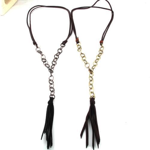 Fashion Bohemian Jewelry Leather and Chain Link Tassel Necklace For Women Jewelry