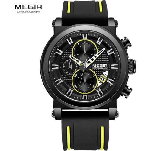 Megir Mens Sports Quartz Watches Silicone Strap Chronograph Army Wrist Watch Man Relogios Masculino Waterproof 3 Bar 2100 Black