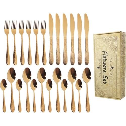 24Pcs Rose Gold Fork Spoon Knife Set Colorful Cutlery Tableware Set Stainless Steel Dinnerware Dinner Set Holiday Gift Box