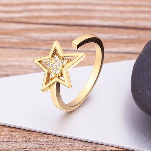 New Design CZ Zircon Star Open Ring Fashion Statement Geometric Gold Color Charm Women Adjustable Jewelry Fine Wedding Gift