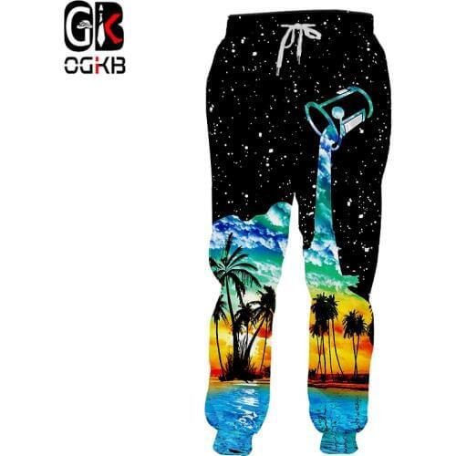 OGKB Unisex Hiphop Casual Sweat Pants Fall Winter Waist Full Length Joggers Haren Pants 3d Print Cup Pour Milk Sweatpants