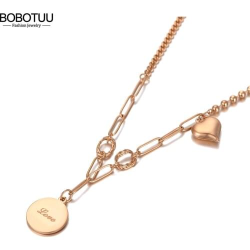 BOBOTUU Rose Gold Love & Heart Charm Pendant Necklaces For Women Girls Trendy Titanium Steel Bohemia Party Necklace BN20152