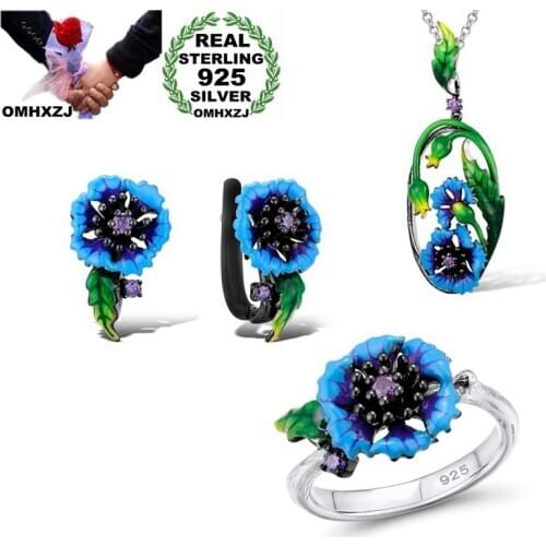 OMHXZJ Wholesale JE44 Fashion Woman Party Birthday Wedding Gift Flower 925 Sterling Silver Necklace+Earrings+Ring Jewelry Set
