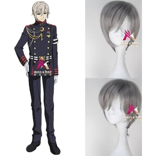 Seraph Of The End Hiiragi Shinya Hiragi Short Silver Grey Heat Resistant Hair Cosplay halloween Costume Wig + Free Wig Cap
