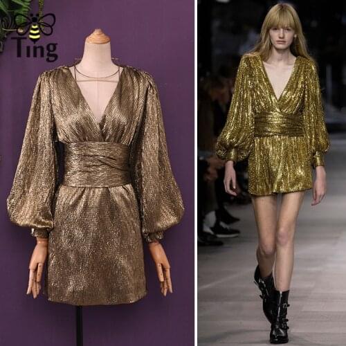 Tingfly 2020 Runway Luxury Party Night Mini Dresses Sexy Deep V neck Shiny Glitter Short Dress Golden Bling Vintage Dress Trendy