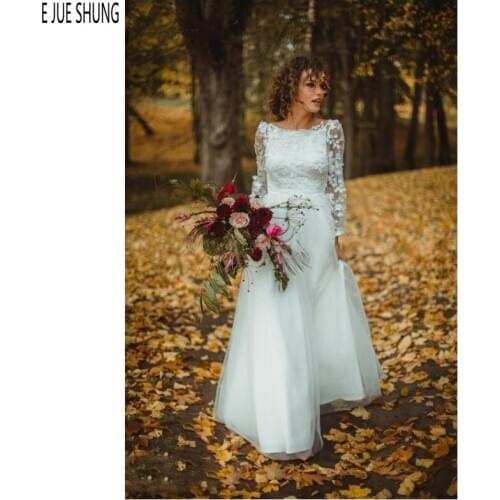 E JUE SHUNG Country Backless Wedding Dresses Illusion Long Sleeves Scoop Neck Bow Lace Appliques Wedding Gowns vestido de noiva