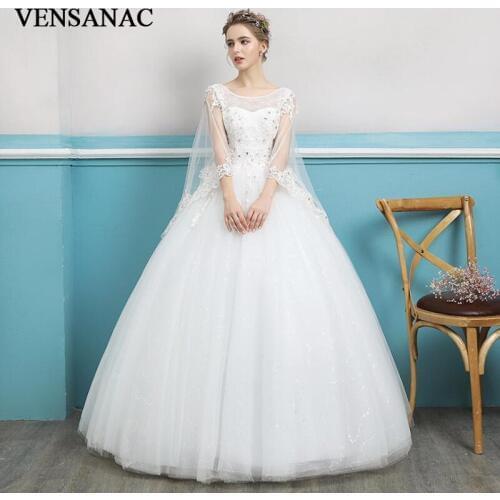 VENSANAC 2018 Illusion O Neck Crystal Ball Gown Wedding Dresses Lace Appliques Batwing Sleeve Backless Bridal Gowns