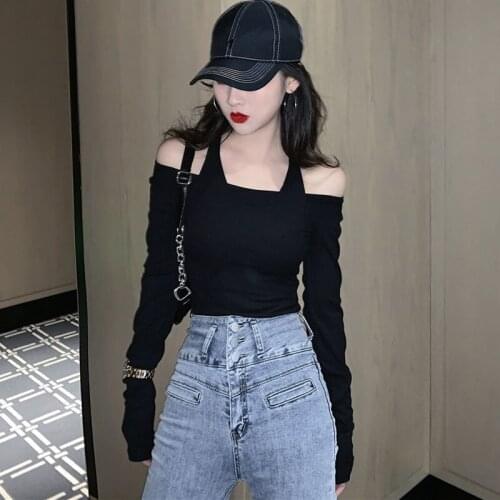 Sexy Off Shoulder Bottomed T Shirt Autumn And Winter New Design Sense Woman Tshirts Hanging Neck Long Sleeve T-shirt Slim Top