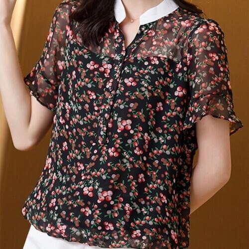 Women Spring Summer Style Chiffon Blouses Shirts Lady Casual Cherry Printed Stand Collar Short Sleeve Chiffon Blusas Tops ZZ0450