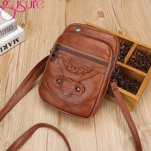 Gusure Ladies Retro PU Leather Handbags and Purse Mobile Phone Mini Crossbody Bag Fashion Women Casual Multi-layer Shoulder Bag
