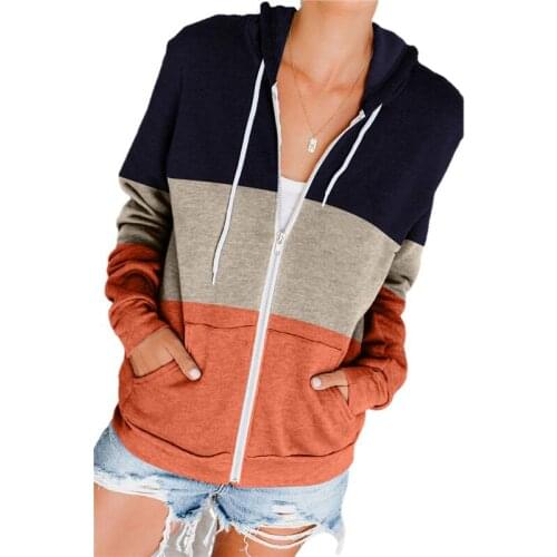 Women Autumn Contrasting Color Hoodies Casual Zip-Up Long Sleeve Pocket Hooded Sweatshirt Vintage Drawstring Hoodie Coat