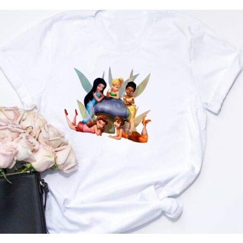 Women T Shirts Tee Tops Graphic Tees Summer Women Short Sleeve Casual White O-neck Tshirts Tinker Bell Disney T Shirt Streetwear