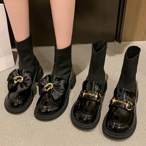 Womens Short Boots Leather Shoes British Style 2021 Spring Black Bow Casual Shoes Flats Women Platform Shoes Knitted Sock Boots