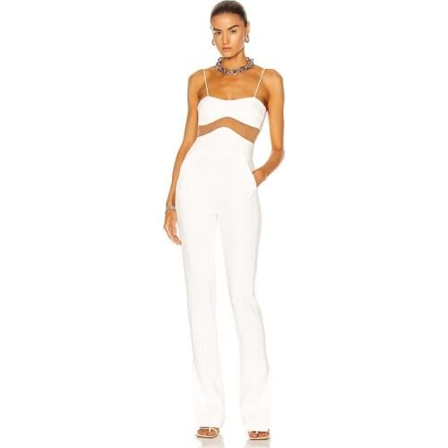 2021 New Summer White Sexy Spaghetti Strap Mesh Patchwork Femme Rompers Casual Slim High Street Fashion Women Jumpsuits BD2084