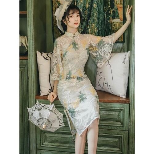 2021 elegant lace floral cheongsam vintage mandarin collar qipao mermaid evening dress chinese dress elegant lady party dress