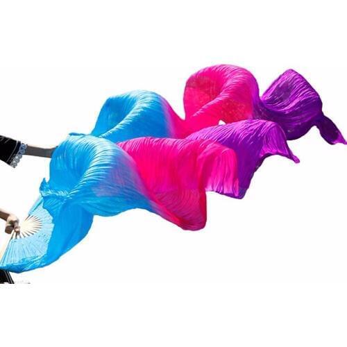 High Quality 100% Silk Handmade Dyed Silk Belly Dance Fans Dance Performance Real Silk 1Pair Turquoise+Rose+Purple 180*90cm Fans