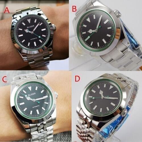 BLIGER Japan NH35A Green Second Hand 36mm Polished Men Watch Jubilee/Oyster Bracelet Seeing Glass Back Flat Sapphire Crystal
