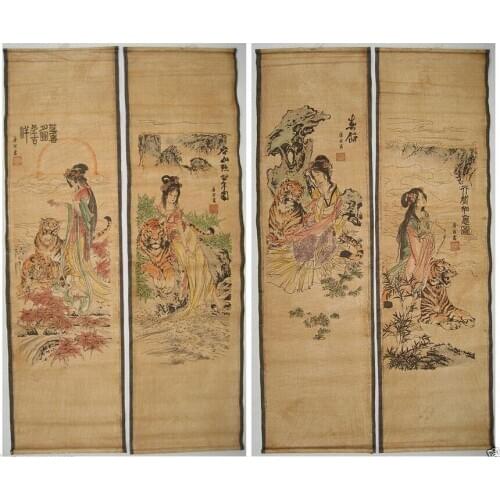 Chinese Collectible painting scroll four beautys Tang Bohu 4 scrolls