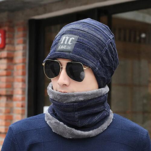 Hot Sell Winter Knitting Hat Scarf Set Men Solid Color Warm Cap Scarves Male Winter Outdoor Beanies Fur Wool Hats Scarf Set