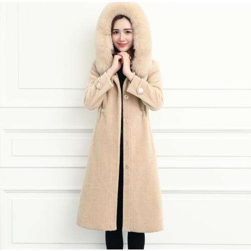 Fur one sheep shearing coat ladies long section new grain wool fox fur grass warm coat