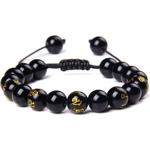 Minimalist 8mm Braided Men Bracelet Six Words Sanskrit Buddha Beaded Bracelet Natural Onyx Stone Charm Bracelet for Women Men