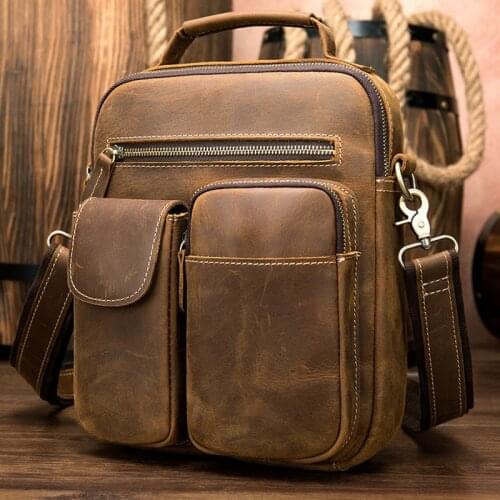 POOLOOS Vintage Fashion Shoulder Bag Of Men Male Messenger Bag Causal Mens Tote Bag Cross Body Bag for Ipad Sling Bag Cow Skin