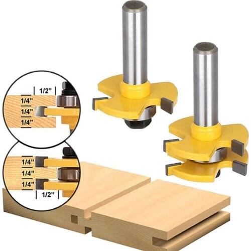 Tongue and Groove Router Bit Set, Wood Door Flooring 3 Teeth Adjustable, 1/2 1/4 Shank T Shape Milling Cutter Woodworking Tool