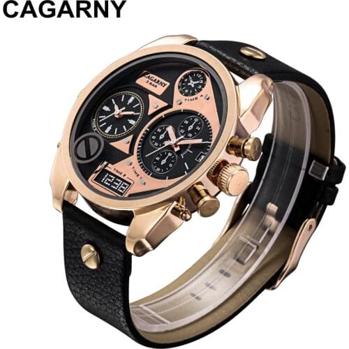 Wristwatch Leather Strap Male Clock Watch Man Luxury Brand Cagarny Mens Quartz Watches Date Dual Display Sport Rose Gold Relogio