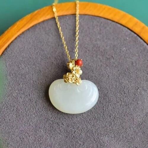 Natural Hetian Jade White Jade White Jade Lock of Good Wishes Pendant S925 Sterling Silver Ancient Silver Inlaid Small Baby Gift