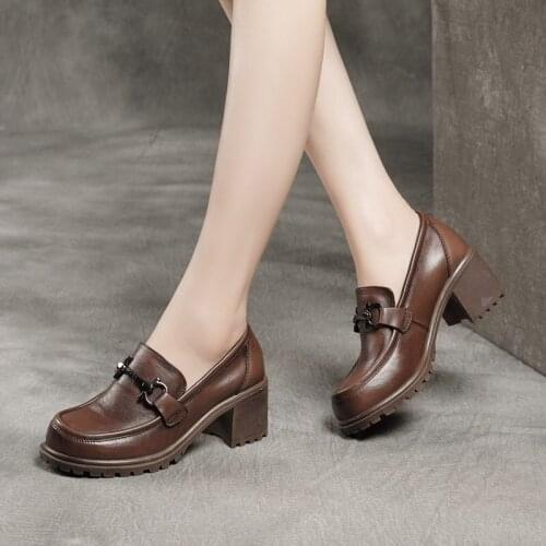 2021 Spring New Thick High-heeled Leather Single Toe Cap Leather Deep-mouth Casual Buckle Leather Shoes Foot Cover Womens Shoes