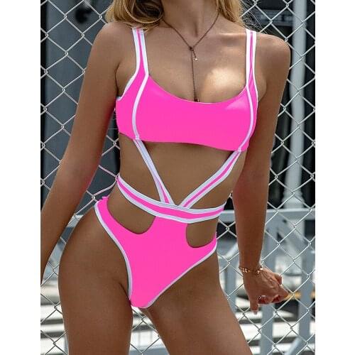 New Sexy Hollow Out Swimwear Women One Piece Swimsuit Female Patchwork Bathing Suits Summer Beach Wear Swim Lady Monokini
