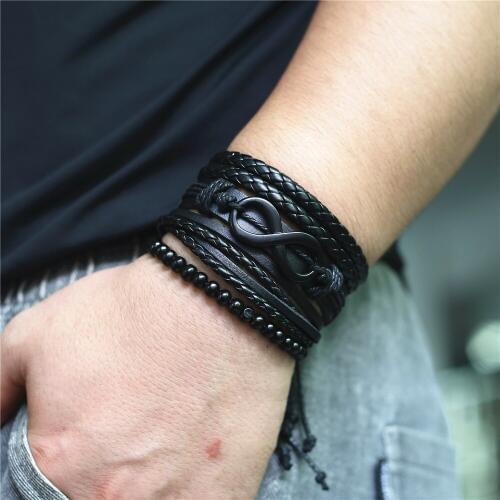 New Black Infinite Feather Vintage Multilayer Leather Bracelet Braided Femme Homme Bead Wrap Women Men Bracelets & Bangles